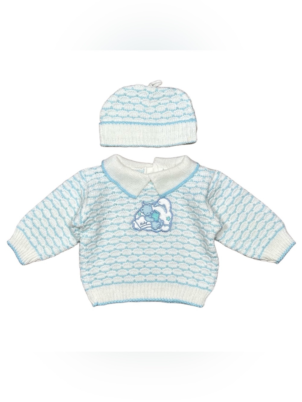 VINTAGE 90s Rashti & Rashti Baby White Light Blue Knit Sweater Hat Set 0-6M